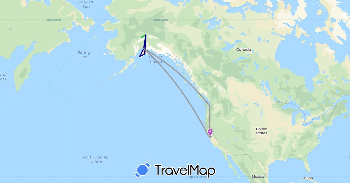 TravelMap itinerary: driving, bus, plane, train, hiking, boat in United States (North America)